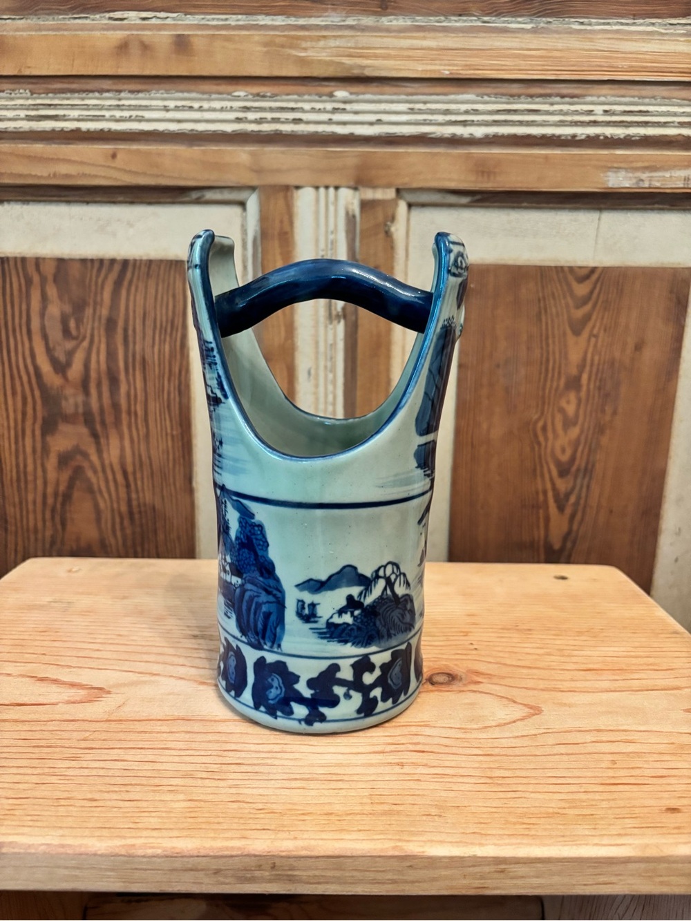 Blue and White Chinese Ceramic Decorative Water Vase with Handle-8 1/4” tall